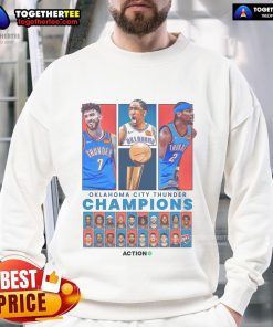 Official OKC Thunder sweatshirt celebrating their 2024-25 NBA Finals victory, featuring team colors and logo.