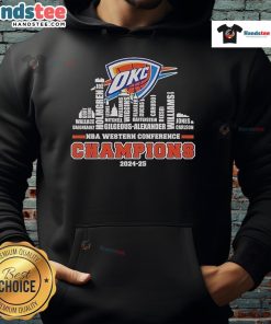 Alt Text: Official Oklahoma City Thunder 2024-2025 NBA Western Conference Champions Skyline Hoodie in vibrant team colors.