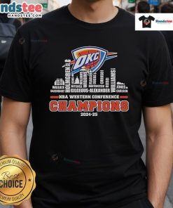 Official Oklahoma City Thunder 2024-2025 NBA Western Conference Champions Skyline T-Shirt showcasing team pride.