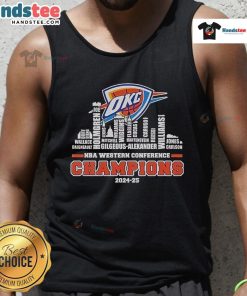 Alt Text: Official Oklahoma City Thunder 2024-2025 NBA Western Conference Champions skyline tank top showcasing team pride.
