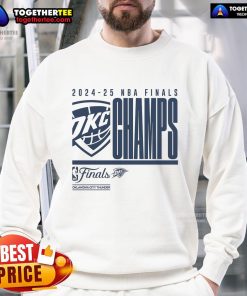 Official Oklahoma City Thunder 2025 NBA Finals Champion sweatshirt featuring playoffs and defensive foul graphics.