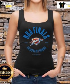 Official Oklahoma City Thunder 2025 NBA Finals charging foul tank top featuring team colors and logo, perfect for fans.