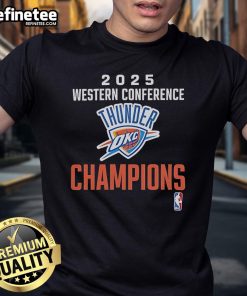 Official Oklahoma City Thunder 2025 NBA Western Conference Champions locker room t-shirt featuring team logo and colors.