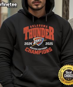 Official Oklahoma City Thunder 2025 Western Conference Champions hoodie showcasing team logo and vibrant colors.