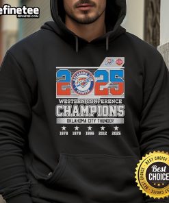 Alt Text: Official Oklahoma City Thunder 2025 Western Conference Champions Skyline Hoodie showcasing team pride and style.