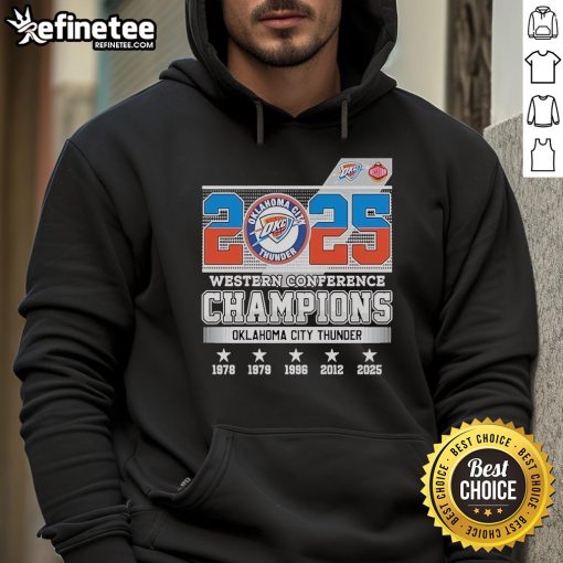 Alt Text: Official Oklahoma City Thunder 2025 Western Conference Champions Skyline Hoodie showcasing team pride and style.