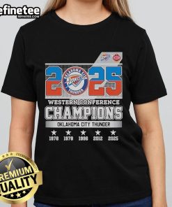 Official Oklahoma City Thunder 2025 Western Conference Champions skyline ladies tee, showcasing team spirit and style.