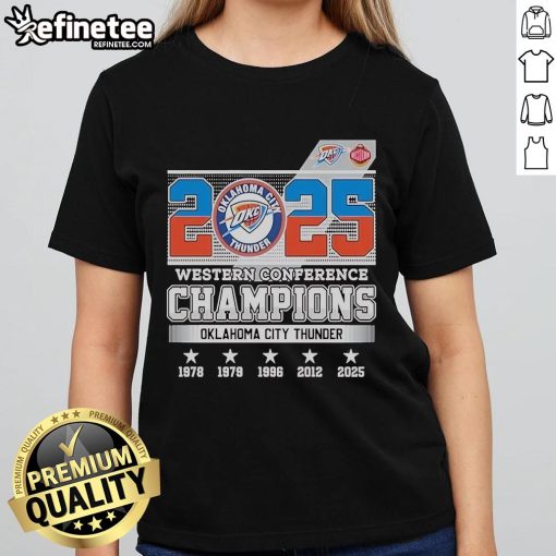 Official Oklahoma City Thunder 2025 Western Conference Champions skyline ladies tee, showcasing team spirit and style.