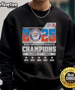 Alt Text: Oklahoma City Thunder 2025 Western Conference Champions Skyline Sweatshirt showcasing team pride and city skyline design.