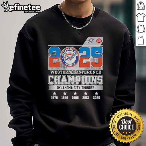 Alt Text: Oklahoma City Thunder 2025 Western Conference Champions Skyline Sweatshirt showcasing team pride and city skyline design.