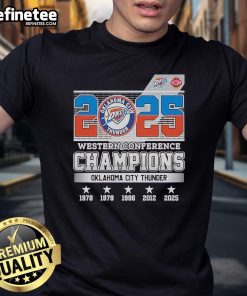 Official Oklahoma City Thunder 2025 Western Conference Champions skyline T-shirt featuring team logo and vibrant cityscape design.