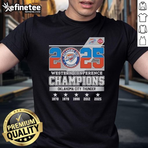 Official Oklahoma City Thunder 2025 Western Conference Champions skyline T-shirt featuring team logo and vibrant cityscape design.