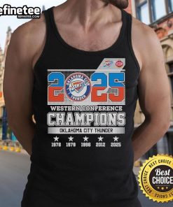 Official Oklahoma City Thunder 2025 Western Conference Champions skyline tank top showcasing team pride and style.