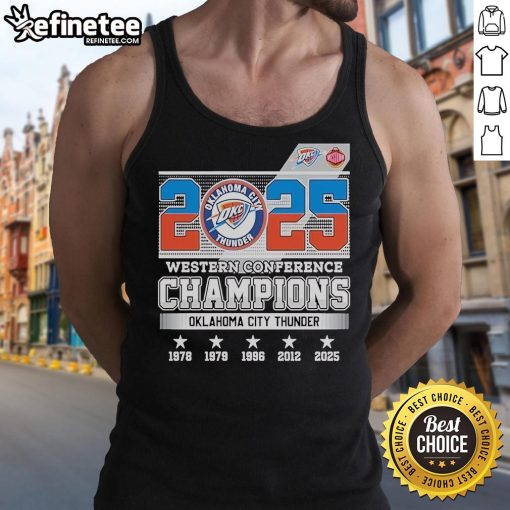 Official Oklahoma City Thunder 2025 Western Conference Champions skyline tank top showcasing team pride and style.