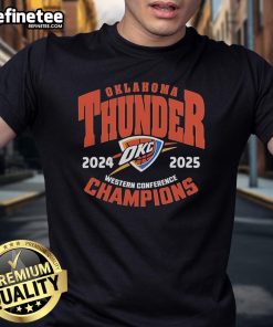 Alt Text: Official Oklahoma City Thunder 2025 Western Conference Champions T-Shirt featuring team logo and championship design.
