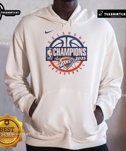 Official Oklahoma City Thunder Men's Basketball 2025 NBA Champions Hoodie in blue with team logo and championship details.
