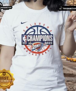 Alt Text: Official Oklahoma City Thunder Men's Basketball 2025 NBA Champions Ladies Tee featuring team logo and vibrant design.