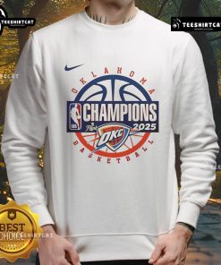 Official Oklahoma City Thunder Men's Basketball 2025 NBA Champions Sweatshirt, featuring team logo and championship design.