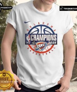 Official Oklahoma City Thunder Men's Basketball 2025 NBA Champions T-Shirt showcasing team logo and championship design.