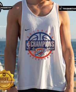 Official Oklahoma City Thunder Men's Basketball 2025 NBA Champions tank top featuring team logo and vibrant design.