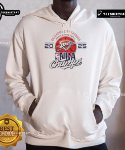 Official Oklahoma City Thunder men's basketball 2025 NBA Champs logo hoodie in vibrant blue with team colors and design.