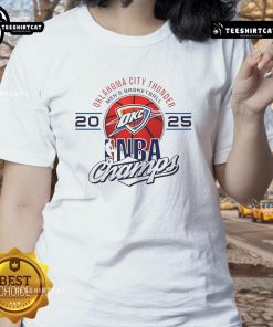 2025 NBA Champs logo on a ladies tee featuring the official Oklahoma City Thunder men's basketball design.