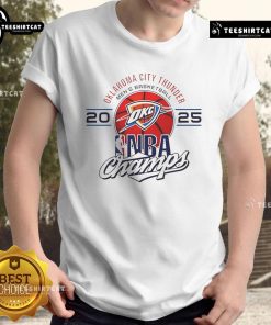 Alt Text: Official Oklahoma City Thunder Men's Basketball 2025 NBA Champs logo t-shirt featuring vibrant team colors and design.