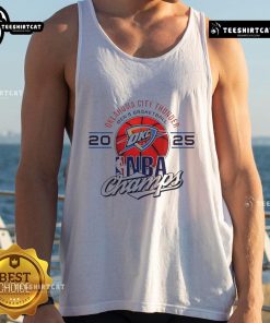Official Oklahoma City Thunder Men's Basketball 2025 NBA Champs Logo Tank Top featuring vibrant team graphics.