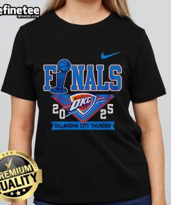 Alt Text: Official Oklahoma City Thunder NBA Finals 2025 playoff ladies tee featuring team logo and vibrant design.