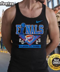 Official Oklahoma City Thunder NBA Finals 2025 playoff tank top showcasing team colors and logo for fans.