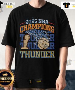 Alt Text: Official Oklahoma City Thunder NBA Finals Champions 2025 retro t-shirt featuring team colors and logo design.