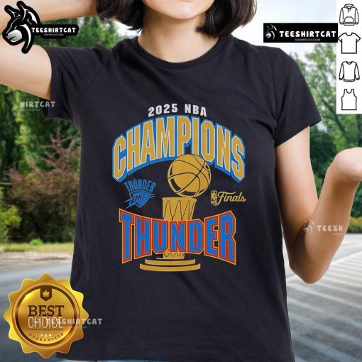 Official Oklahoma City Thunder newborn 2025 NBA Finals Champions ladies tee featuring team colors and logo.