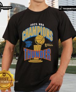 Alt Text: Official Oklahoma City Thunder Newborn 2025 NBA Finals Champions T-Shirt featuring team logo and vibrant colors.