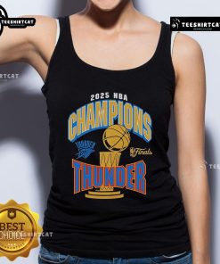 Official Oklahoma City Thunder Newborn 2025 NBA Finals Champions Tank Top featuring team colors and logo.