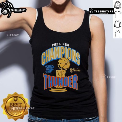 Official Oklahoma City Thunder Newborn 2025 NBA Finals Champions Tank Top featuring team colors and logo.