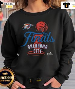 Official Oklahoma City Thunder Stadium Essentials sweatshirt for the 2025 NBA Finals, featuring team colors and logo.