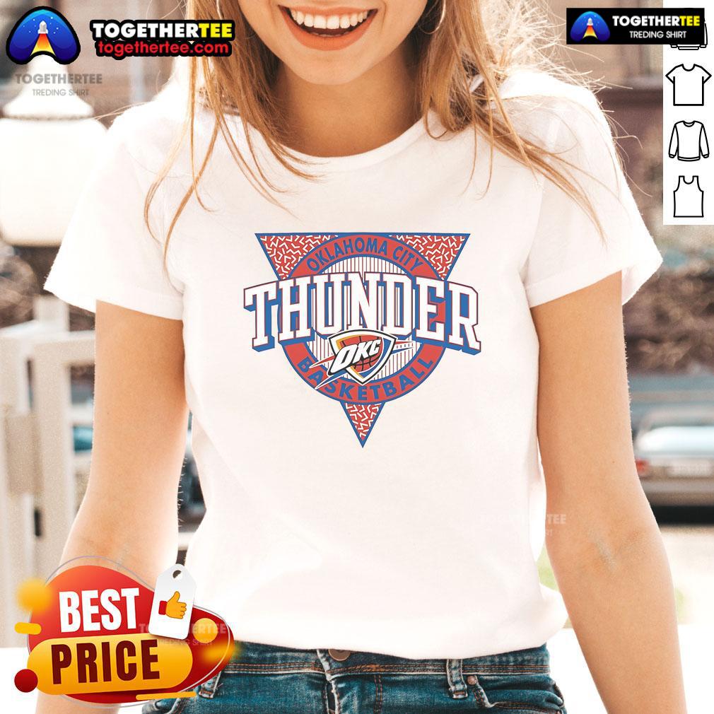 Official Oklahoma City Thunder Style Logo Ladies Tee Alt Text: Official Oklahoma City Thunder style logo on a ladies tee, showcasing vibrant colors and sporty design.