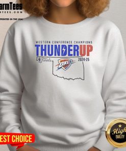 Official Oklahoma City Thunder Western Conference Champions 2025 sweatshirt featuring team logo and vibrant colors.