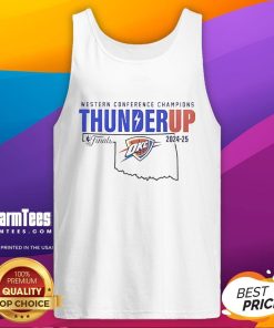 2025 Official Oklahoma City Thunder Western Conference Champions tank top featuring 'Thunder Up' design.