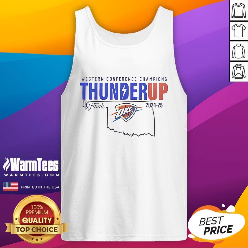 Official Oklahoma City Thunder Western Conference Champions Thunder Up 2025 Tank Top 2025 Official Oklahoma City Thunder Western Conference Champions tank top featuring 'Thunder Up' design.