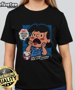 Official OMG That Dog Kissed Me Snoopy and Lucy van Pelt ladies tee featuring playful cartoon design and vibrant colors.