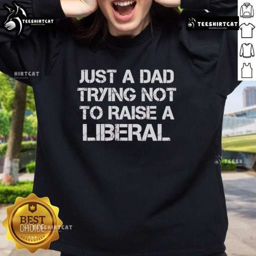 Official One Bad Dude Just A Dad Trying Not To Raise A Liberal Sweatshirt in gray with bold lettering.
