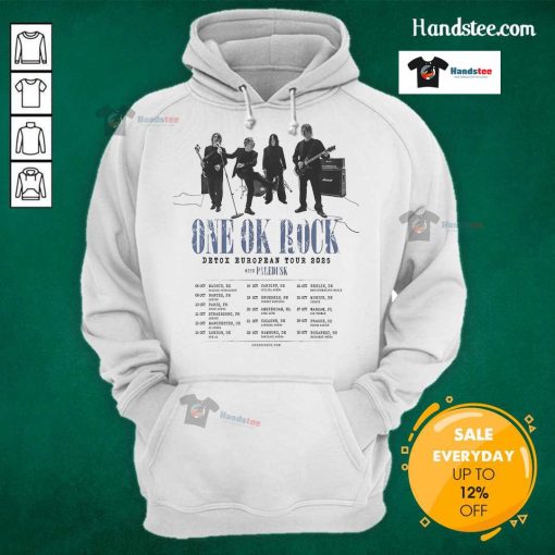 Official One Ok Rock Detox European Tour 2025 Hoodie featuring vibrant design and tour logo, perfect for fans.