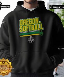 Alt Text: Official Oregon Softball Women's College World Series stripe hoodie, featuring team colors and logo, perfect for fans.