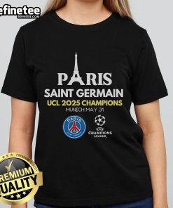 Official Paris Saint-Germain UCL Champions 2025 Ladies Tee featuring team colors and logo, perfect for fans.