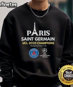 Official Paris Saint-Germain UCL Champions 2025 Sweatshirt featuring team logo and vibrant colors, perfect for fans.