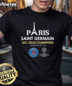 Alt Text: Official Paris Saint Germain UCL Champions 2025 T-Shirt featuring the club logo and celebratory design.