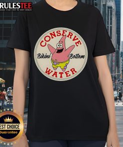 Official Patrick Star Conserve Water Bikini Bottom Ladies Tee featuring vibrant graphics and a fun beach theme.