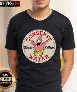 Official Patrick Star Conserve Water Bikini Bottom T-Shirt featuring vibrant colors and fun design promoting water conservation.