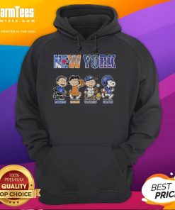 Official Peanuts hoodie featuring New York Rangers, Knicks, Yankees, and Giants logos for sports fans and collectors.